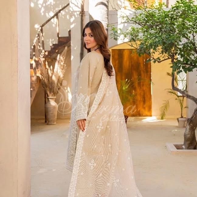 Karma Beige Cotton Embroidered 3PC Set with Intricate Motifs and Elegant Fit for Special Occasions