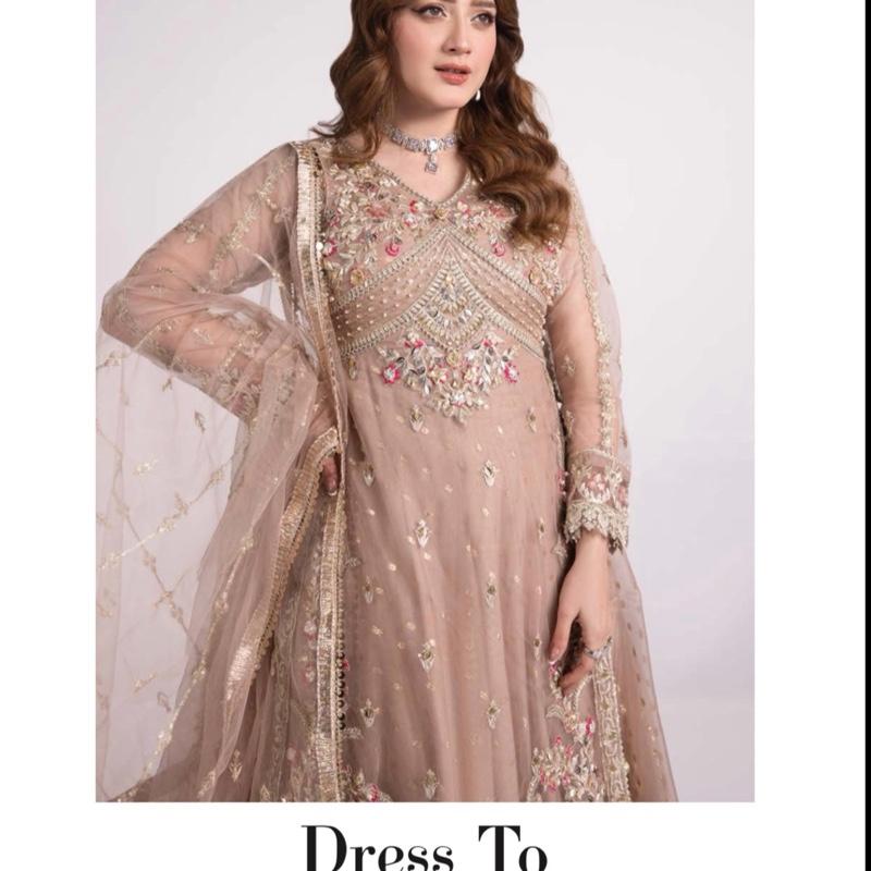 Heavy Maxi Dress with Gown Dupatta and Trousers in Elegant Pink and White Embroidered Design