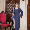 Blue plain suit with printed shawl