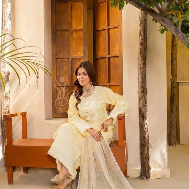Karma light yellow heavy embroidered 3PC