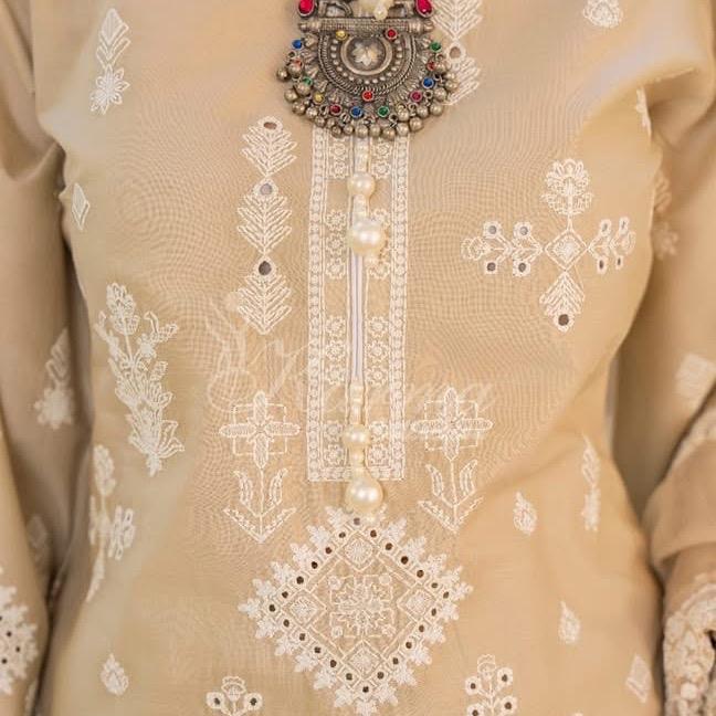 Karma Beige Cotton Embroidered 3PC Set with Intricate Motifs and Elegant Fit for Special Occasions