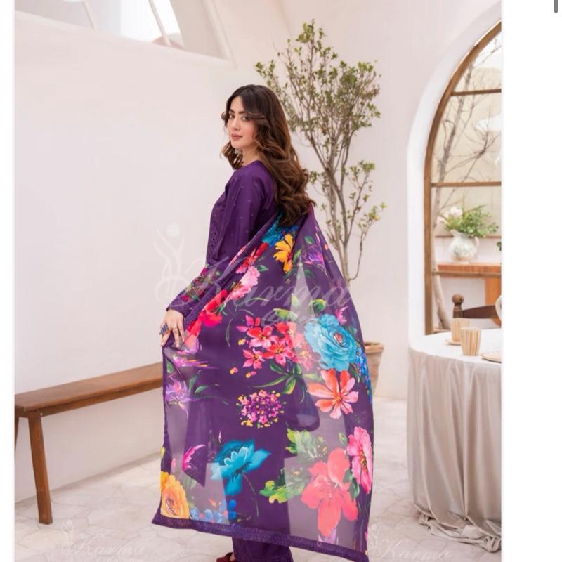 Karma dark purple cotton embroidered 3Pc