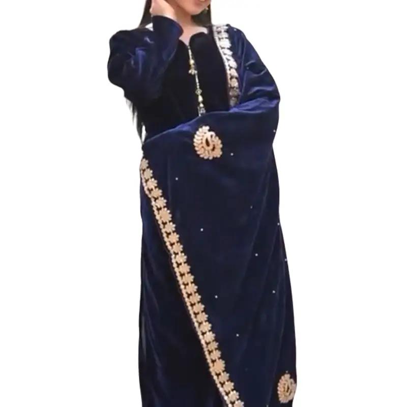 Velvet 3PC Suit with Embroidered Shawl Blue All Seasons Long Sleeve Womenswear