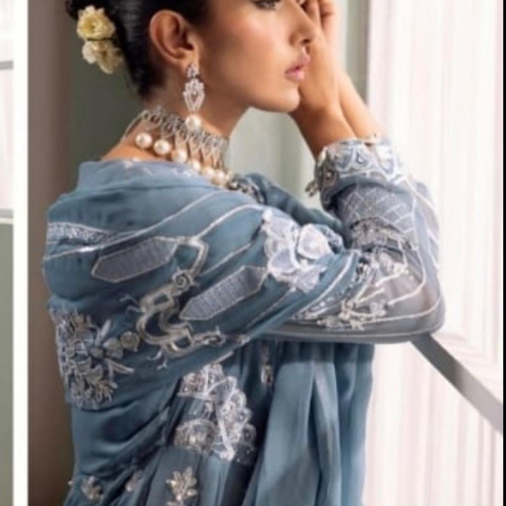 Dusty blue Allys heavy embroidered chiffon maxi dress
