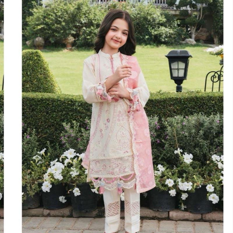 Allys Mother daughter off white with pink dupatta embroidered fancy cotton 3PC
