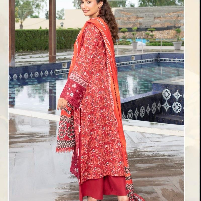Munira red lawn embroidered 3PC