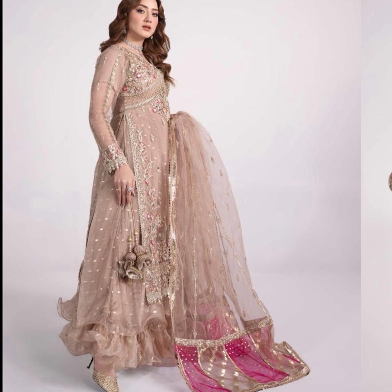 Heavy Maxi Dress with Gown Dupatta and Trousers in Elegant Pink and White Embroidered Design