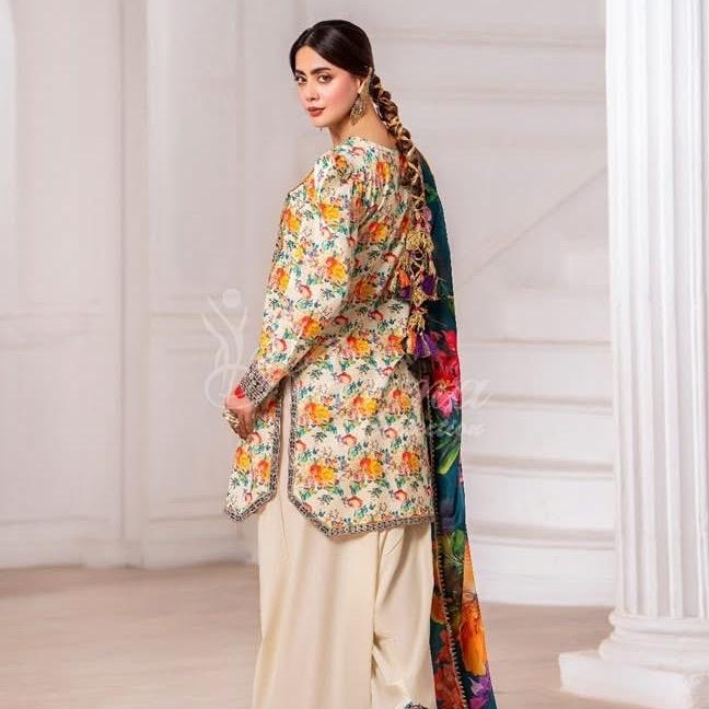 Aaina Collection Latest Karma Lemon Haze Dress with Farshi Shalwar & Printed Dupatta for Asian Elegance - Embroidery, Outfit, Salwar, Clothes, Silk, Shirt