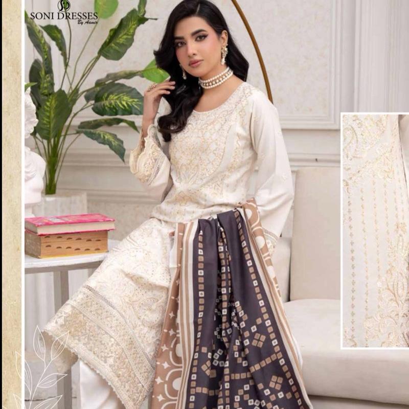 Off white dhanak with pashmina shawl 3PC