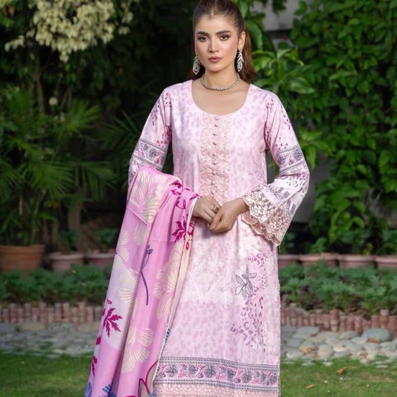 Ladies Pink Embroidered Winter Dhanak 3PC Set with Matching Dupatta for Festive Wear