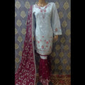 White chiffon shirt with maroon dupatta and maroon gharara