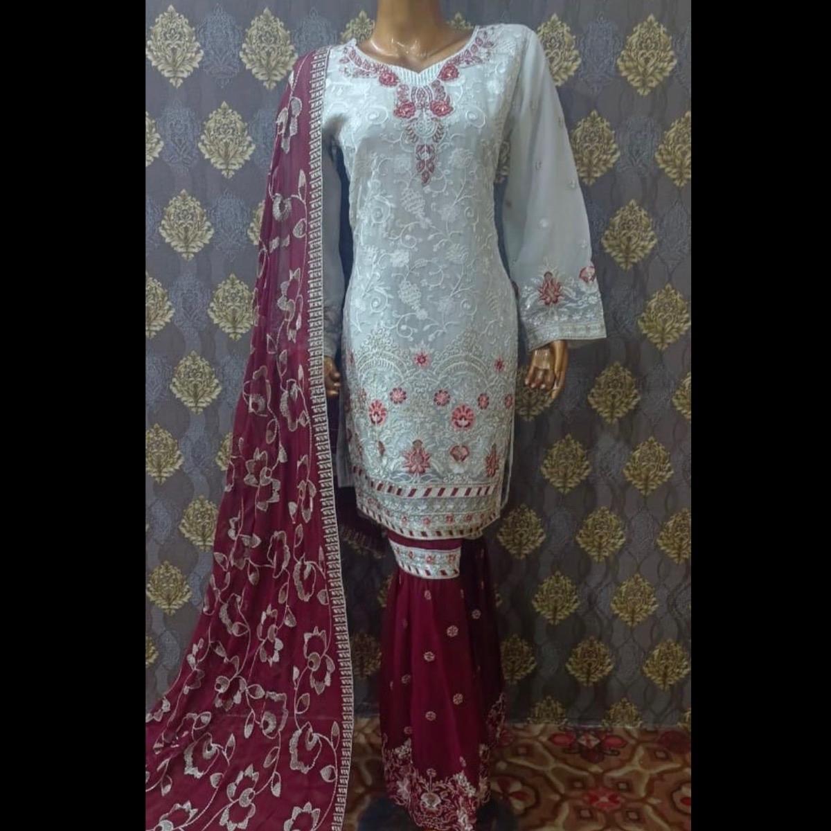 White chiffon shirt with maroon dupatta and maroon gharara